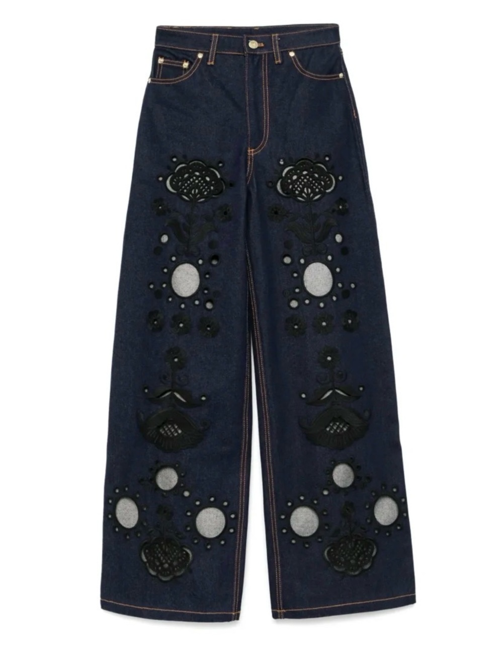 Cynthia Rowley Dark Blue Wide-Leg Jeans with  Floral Embroidery and cut outs